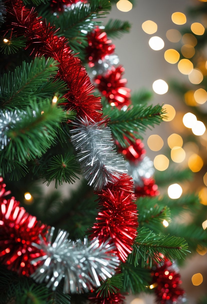 Red And Silver Christmas Tree 2025 Ideas: 22 Elegant Ways To Elevate Your Holiday Décor 20 A Christmas tree decorated with red and silver tinsel garlands and warm festive lights in the background.