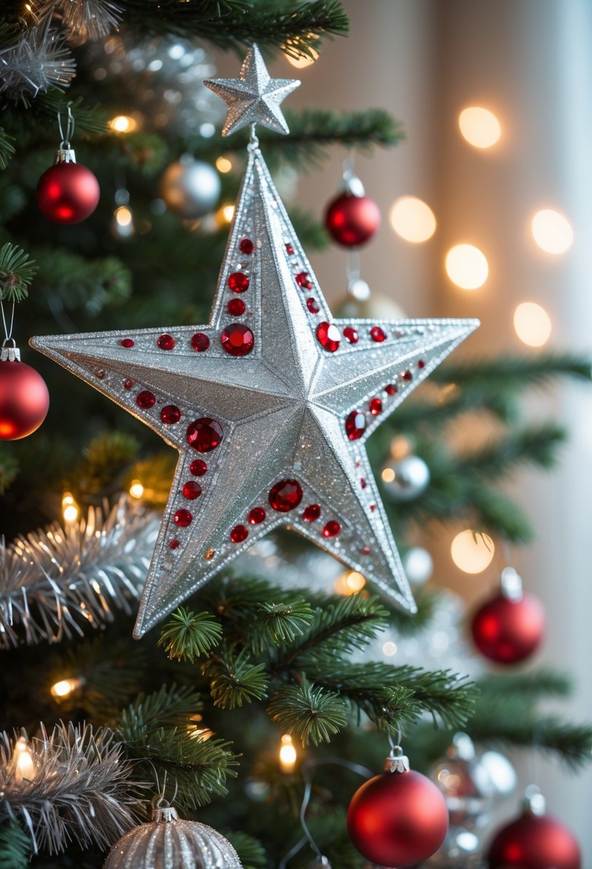 Red And Silver Christmas Tree 2025 Ideas: 22 Elegant Ways To Elevate Your Holiday Décor 21 A Christmas tree with a silver star tree topper decorated with red gems, surrounded by red and silver ornaments and lights.