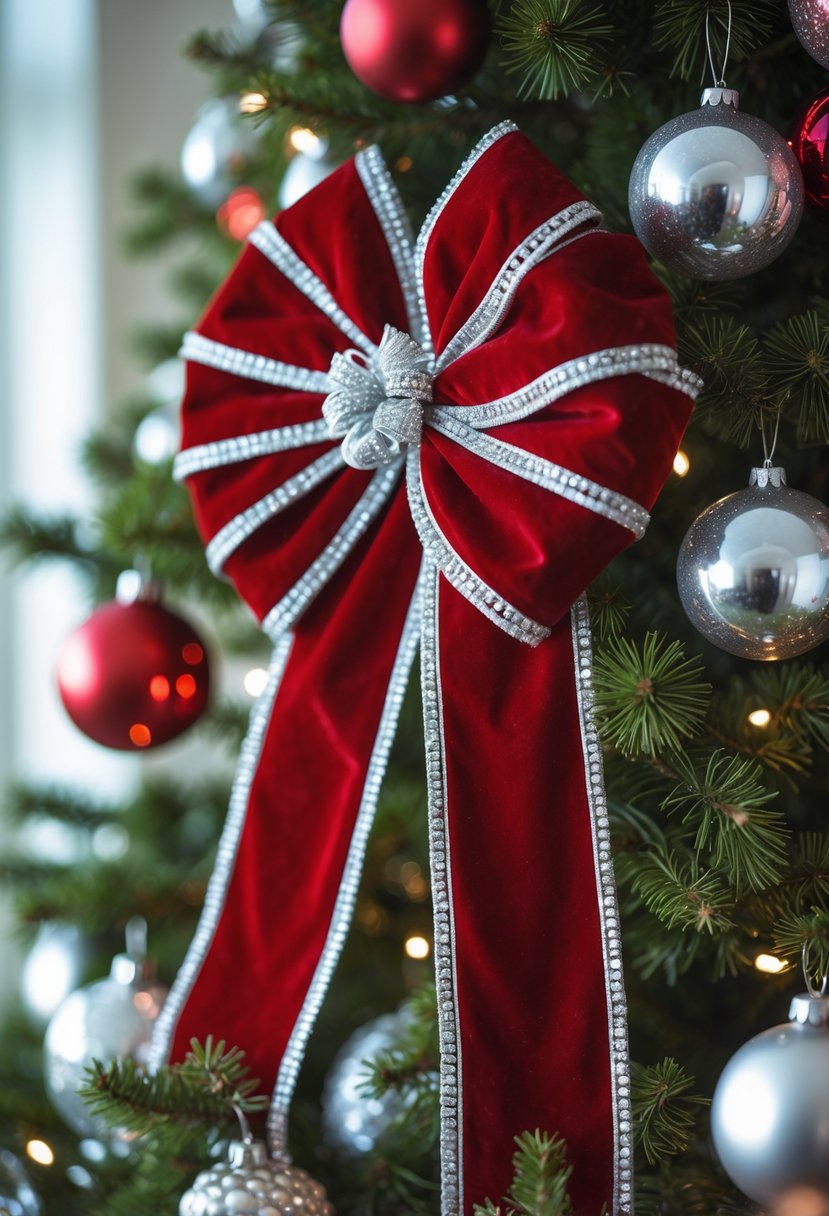 Red And Silver Christmas Tree 2025 Ideas: 22 Elegant Ways To Elevate Your Holiday Décor 22 A Christmas tree decorated with a red velvet bow trimmed in silver, surrounded by red and silver ornaments.