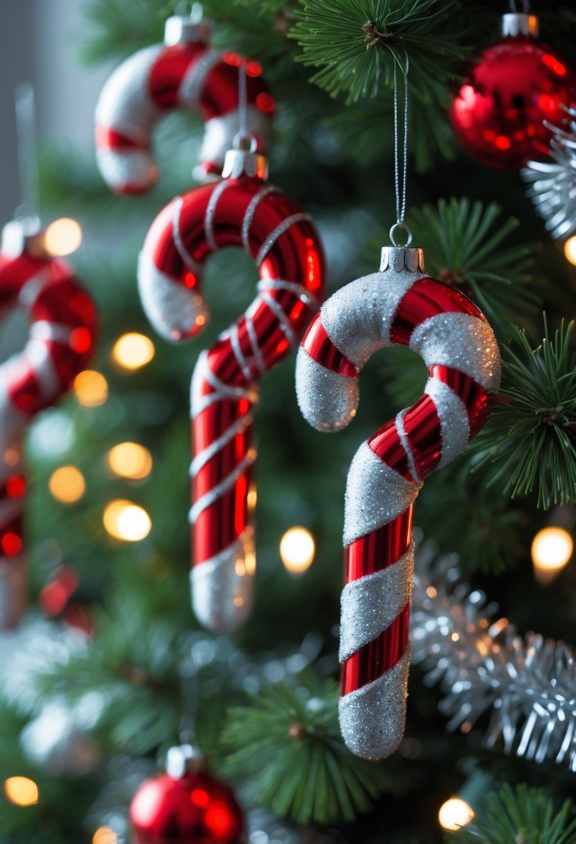 Red And Silver Christmas Tree 2025 Ideas: 22 Elegant Ways To Elevate Your Holiday Décor 23 Close-up of red and silver candy cane ornaments hanging on a decorated Christmas tree with lights.