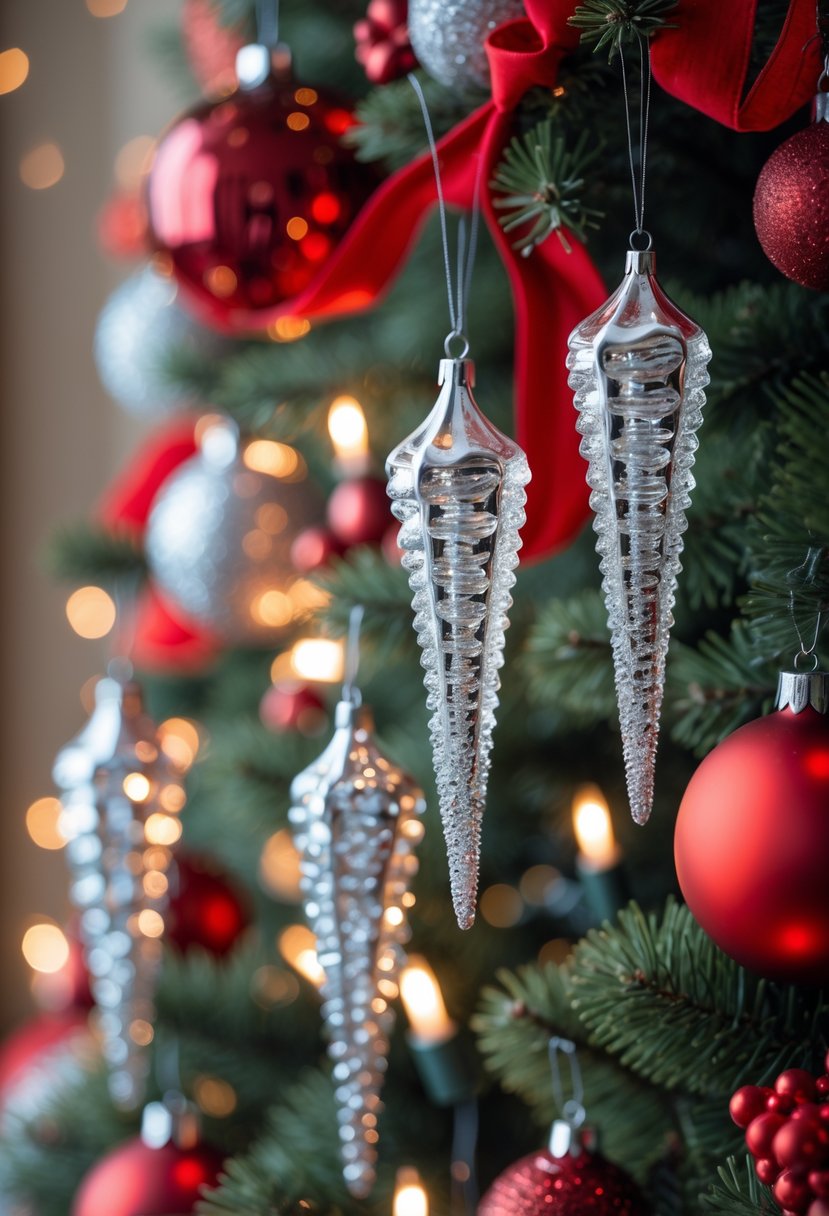Red And Silver Christmas Tree 2025 Ideas: 22 Elegant Ways To Elevate Your Holiday Décor 24 Close-up of silver icicle ornaments hanging on a red-themed Christmas tree decorated with red and silver baubles and warm white lights.