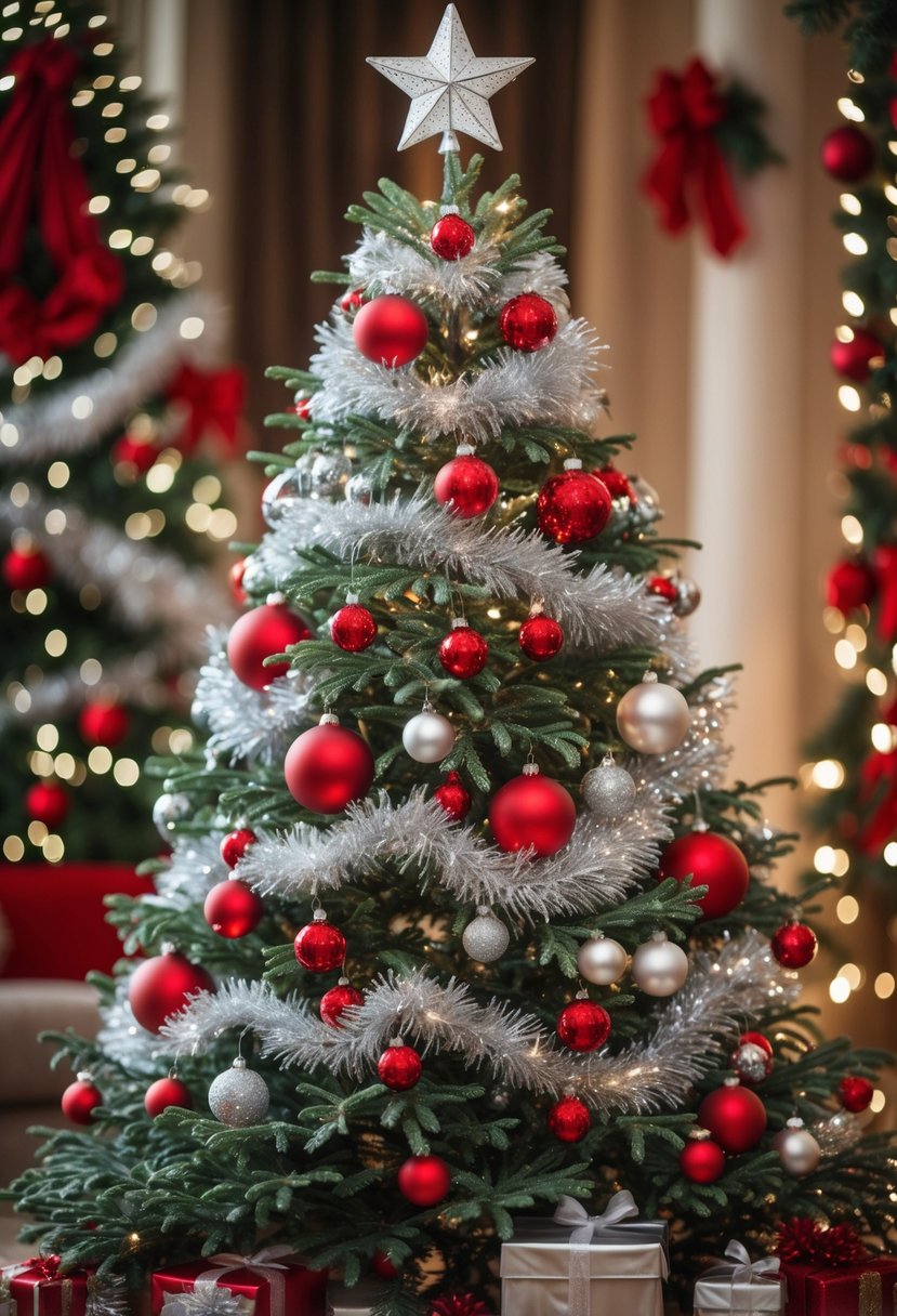 Red And Silver Christmas Tree 2025 Ideas: 22 Elegant Ways To Elevate Your Holiday Décor 25 A decorated Christmas tree with red and silver ornaments and white lights in a cozy indoor setting.