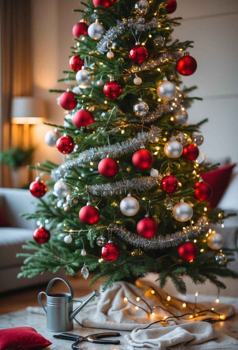 Red And Silver Christmas Tree 2025 Ideas: 22 Elegant Ways To Elevate Your Holiday Décor 26 A decorated Christmas tree with red and silver ornaments and nearby tree care items in a cozy room.