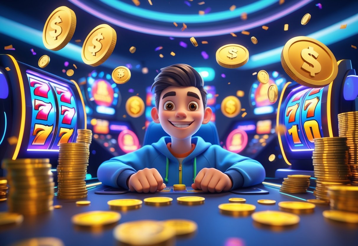 Seseorang yang gembira duduk di depan mesin slot dengan koin berwarna-warni dan simbol kemenangan di sekitarnya.