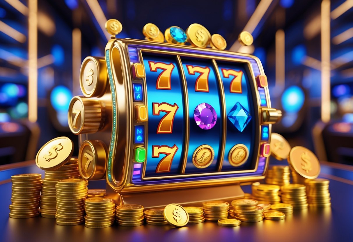 Mesin slot digital dengan gulungan berputar dan tumpukan koin kecil di sekitarnya dalam suasana kasino modern.