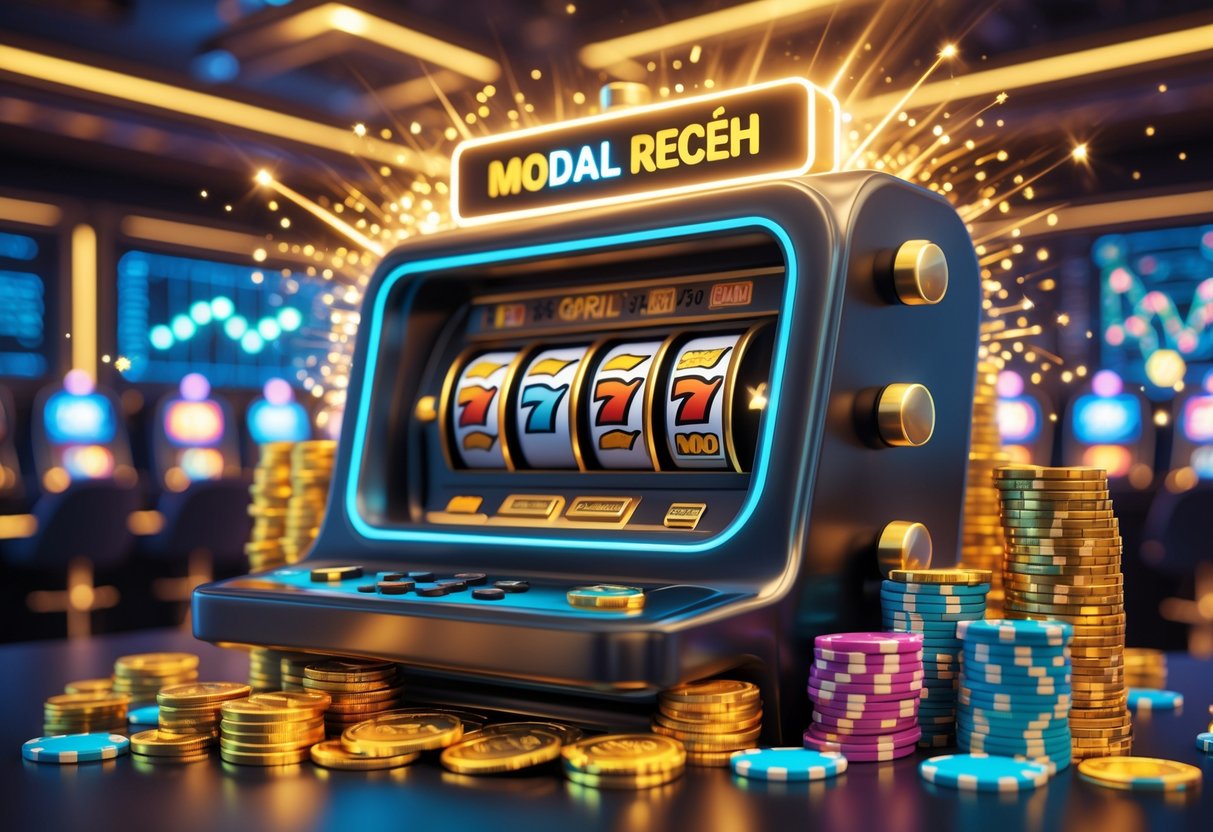 Adegan mesin slot modern dengan koin kecil dan chip kasino di sekitarnya, menampilkan suasana kemenangan dan keberhasilan di kasino.