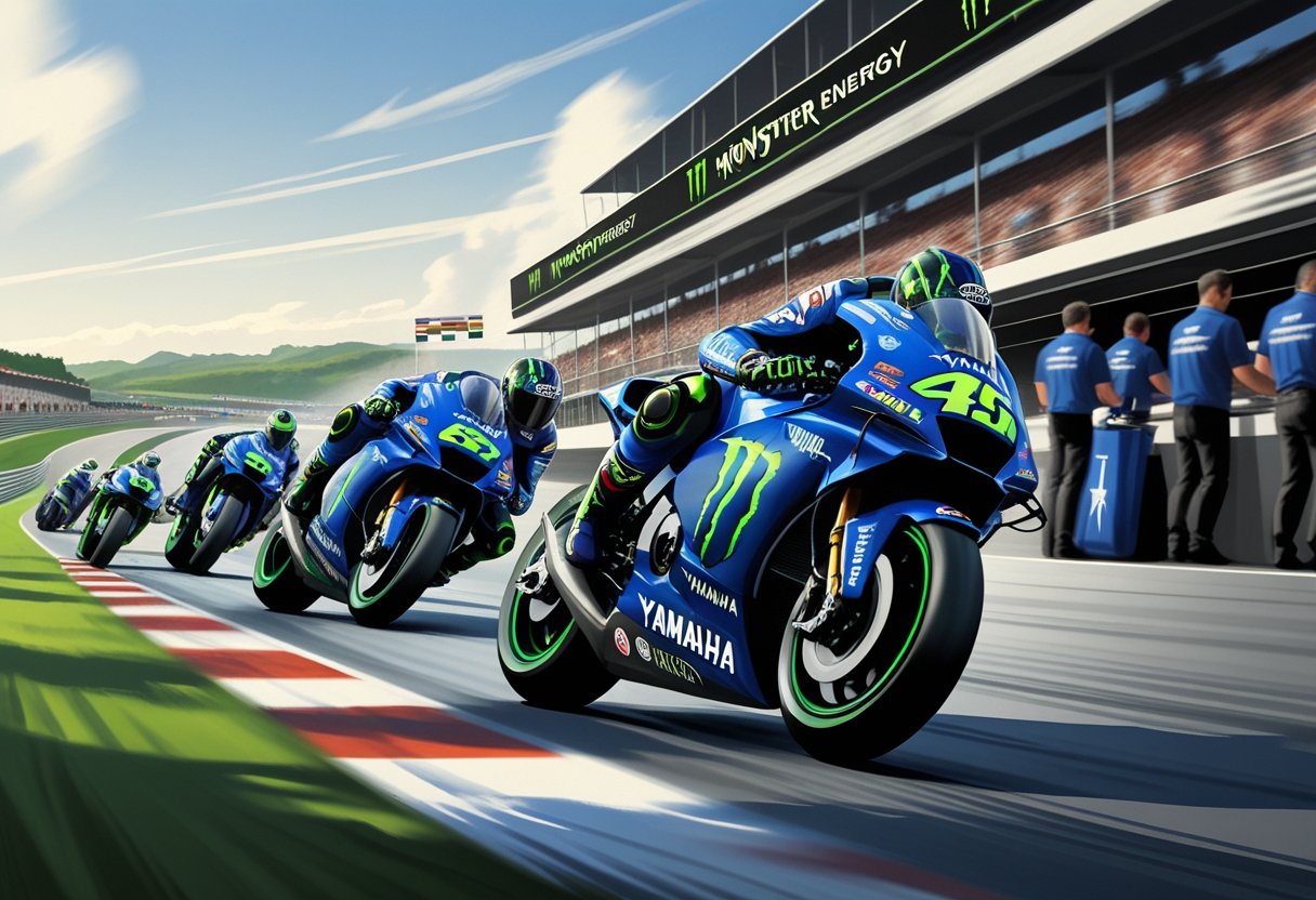 Ilustrasi tim MotoGP Monster Energy Yamaha dengan motor balap di lintasan, kru pit, dan penonton di tribun, menampilkan suasana balapan dan sejarah tim.