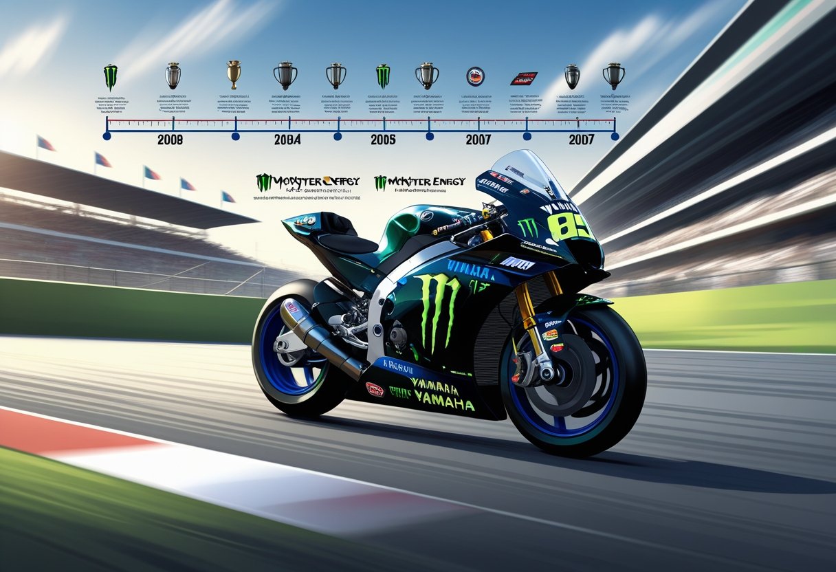 Ilustrasi sepeda motor balap Yamaha MotoGP dengan logo Monster Energy di lintasan balap, dengan latar belakang garis waktu yang menggambarkan sejarah dan pencapaian tim.