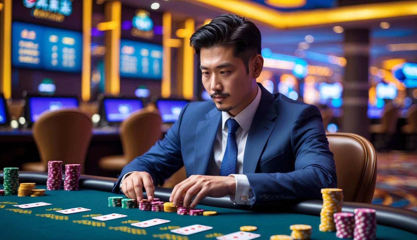 Seorang pria Asia berpakaian rapi duduk di meja kasino dengan kartu dan chip, tampak fokus dan berpikir strategis di dalam kasino modern.