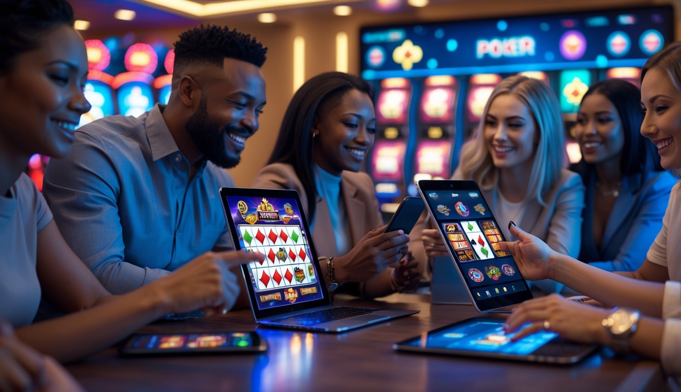 Sekelompok orang beragam menggunakan perangkat digital untuk bermain permainan kasino online di lingkungan yang cerah dan menyenangkan.