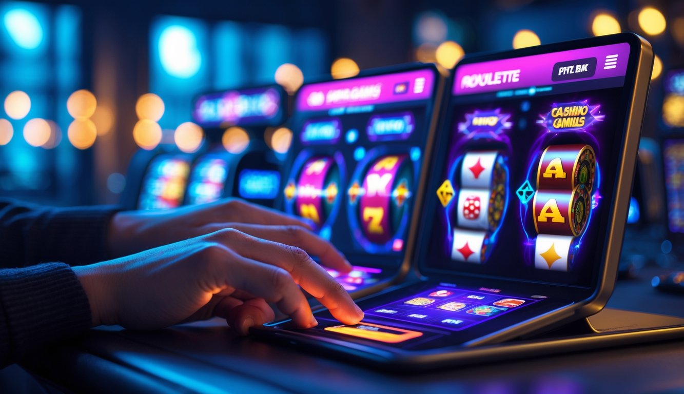 Beberapa tangan sedang menggunakan perangkat layar sentuh dengan tampilan permainan judi online yang interaktif dan menegangkan.