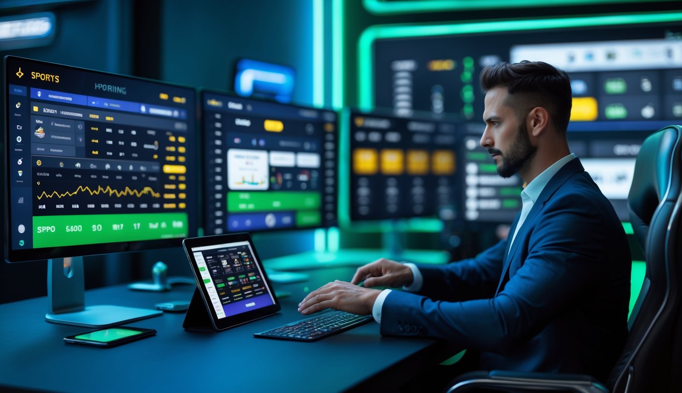 Seorang pria profesional duduk di depan beberapa layar komputer yang menampilkan acara olahraga dan taruhan langsung dalam ruangan dengan pencahayaan ambient biru dan hijau.