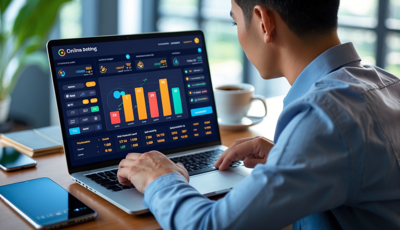 Seorang pria Indonesia sedang bekerja di depan laptop dengan tampilan platform taruhan online di meja kantor modern.