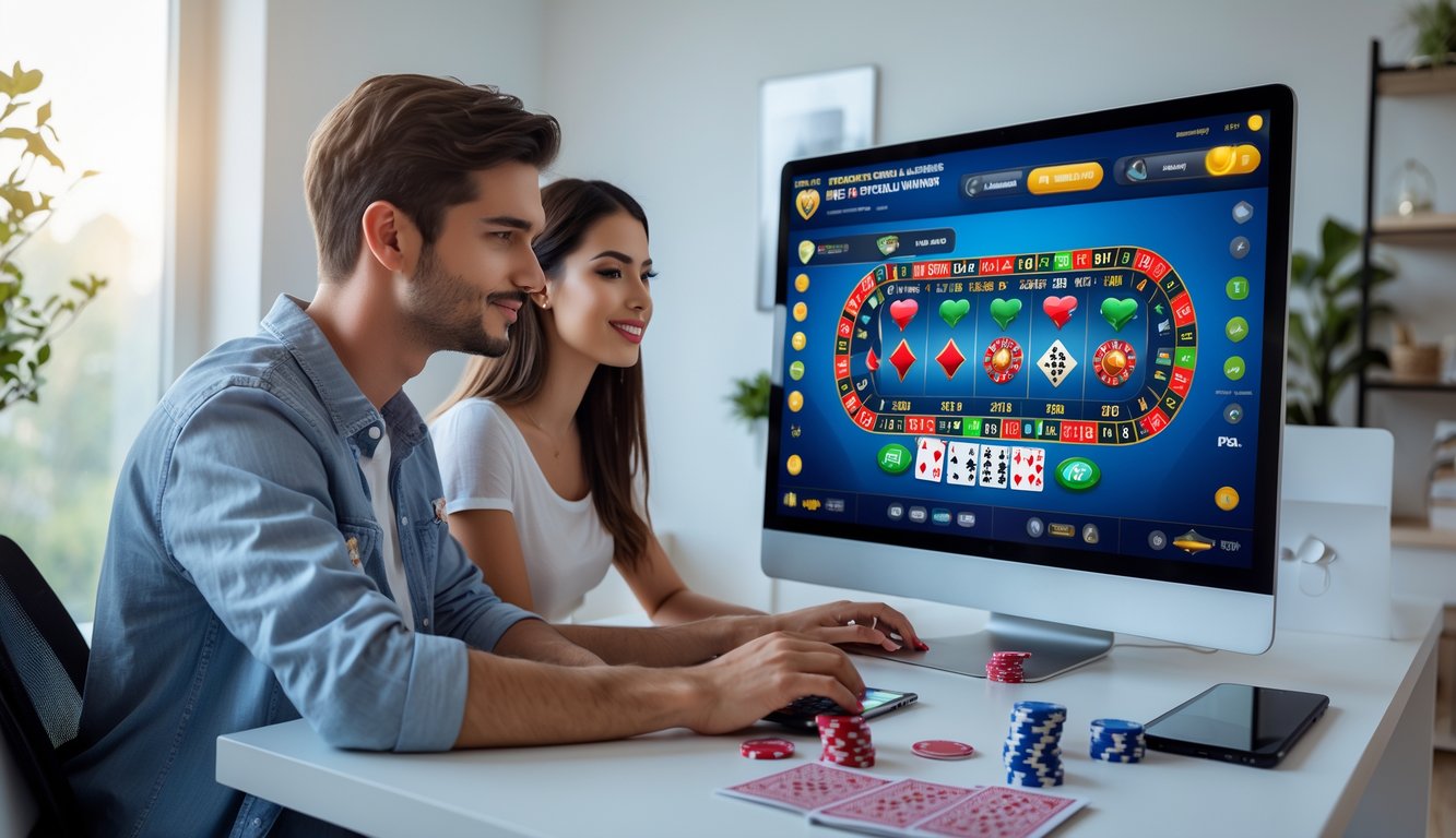 Dua orang muda duduk di depan komputer dengan tampilan permainan kasino langsung, terlihat fokus dan terlibat dalam bermain kasino online.