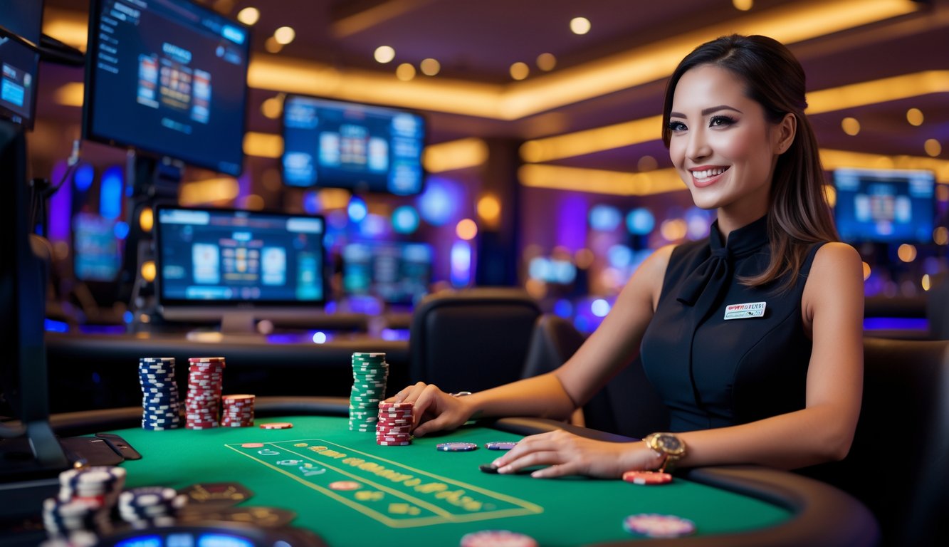 Seorang dealer wanita tersenyum di meja kasino dengan kartu dan chip, berinteraksi melalui kamera dalam suasana kasino online langsung.