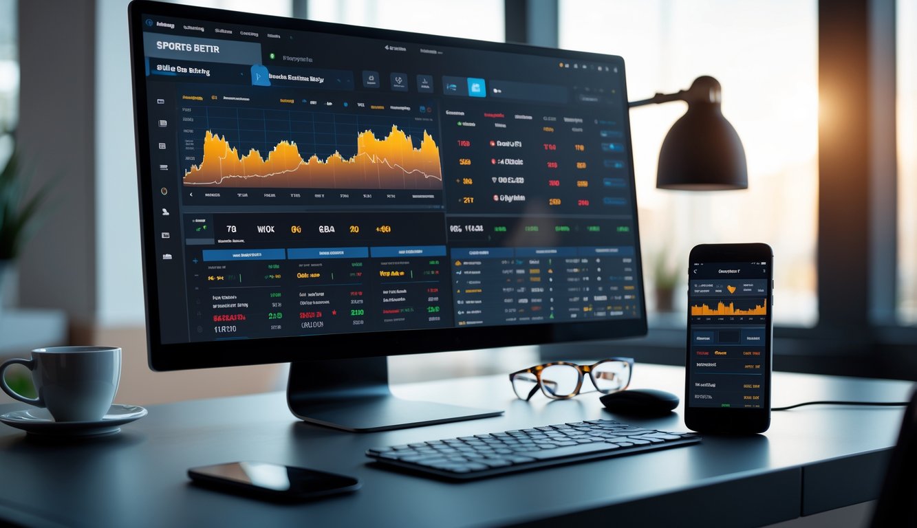 Sebuah ruang kerja modern dengan komputer dan ponsel yang menampilkan antarmuka taruhan olahraga online.