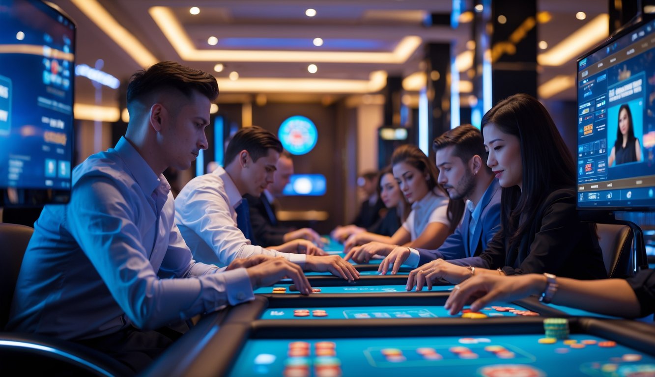 Sejumlah pemain fokus bermain di meja kasino online dengan dealer langsung dan monitor digital dalam suasana kasino modern.