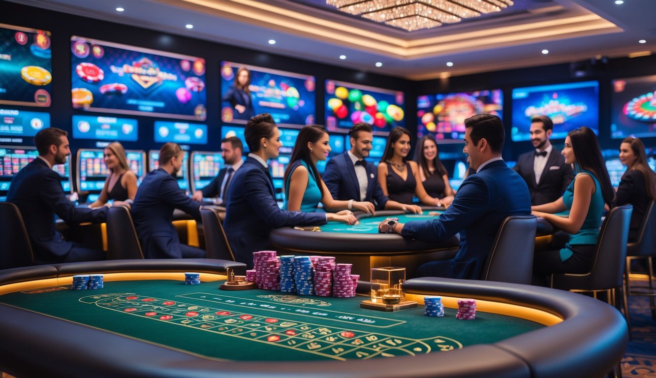 Suasana kasino langsung dengan meja permainan, pemain dan dealer yang sedang bermain, serta layar besar menampilkan permainan kasino.