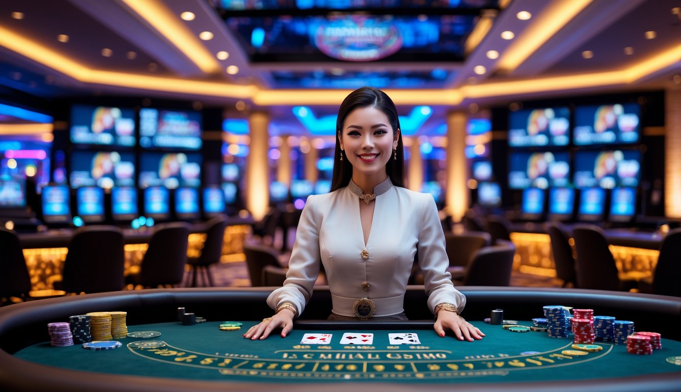 Seorang dealer wanita profesional berdiri di belakang meja kasino dengan kartu dan chip, dengan layar besar di latar belakang yang menampilkan permainan kasino langsung.