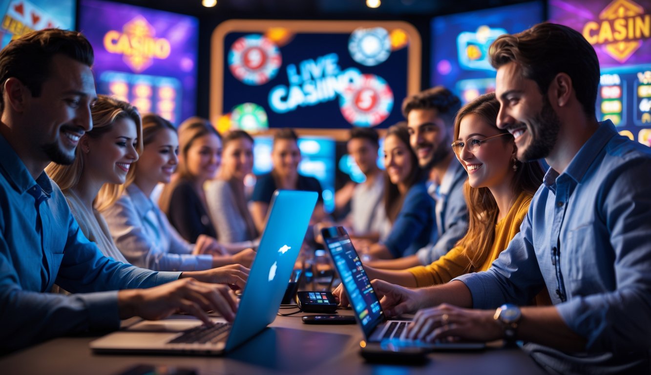 Sekelompok orang sedang bermain permainan kasino online dengan laptop dan ponsel di ruangan modern yang cerah dan penuh warna.