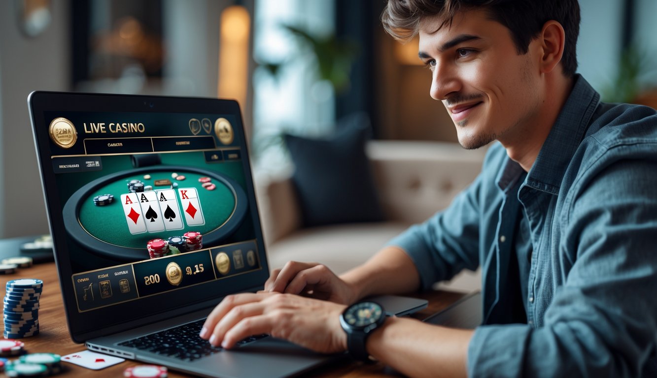 Seseorang muda sedang bermain kasino langsung online menggunakan laptop di ruangan yang nyaman dan terang.