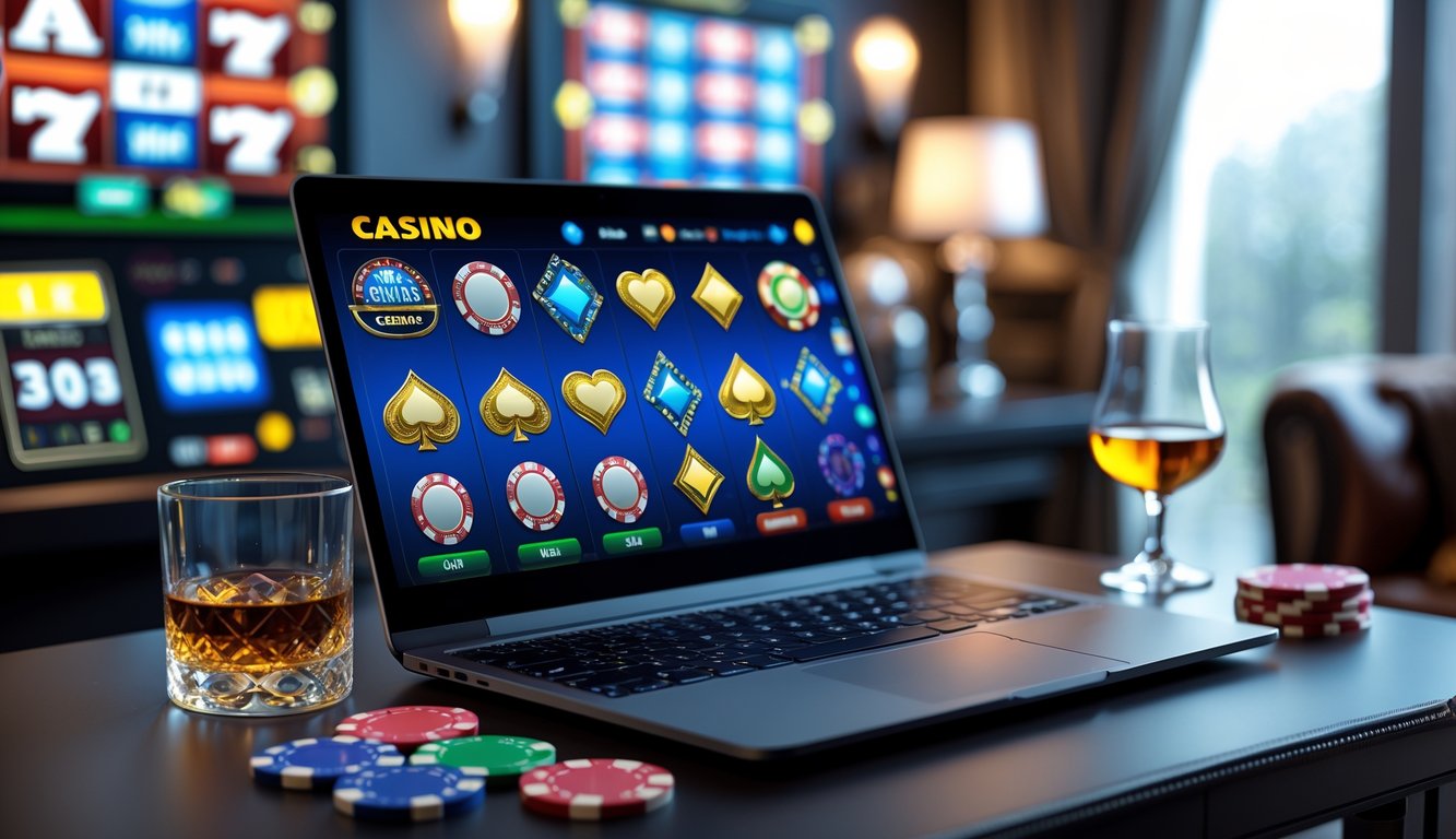 Seorang pria menggunakan laptop dengan tampilan permainan kasino online di layar di sebuah ruangan yang nyaman.