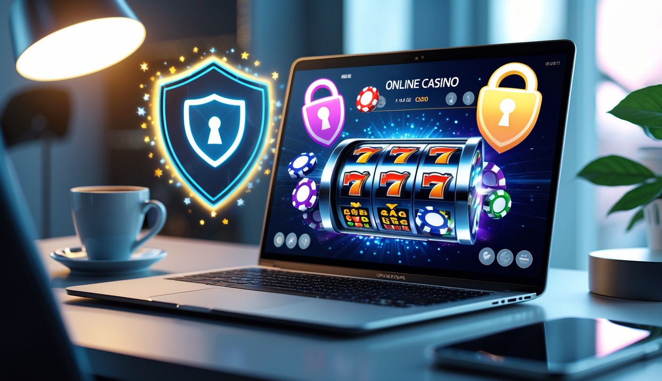 Seorang pengguna sedang menggunakan laptop dengan tampilan permainan kasino online yang berwarna-warni di meja kerja yang rapi dan terang.