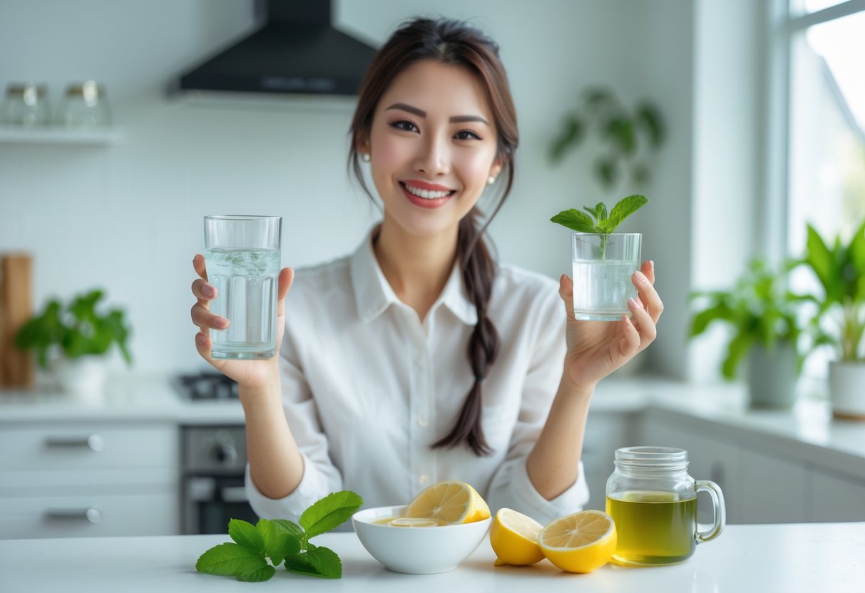 A woman in a kitchen holding a glass of water and fresh mint leaves with natural ingredients on the counter.