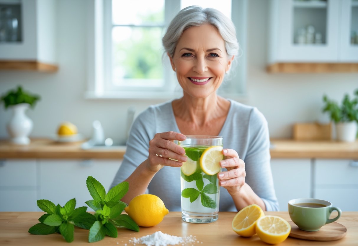A woman smiling in a kitchen holding a glass of water with mint and lemon, surrounded by natural ingredients like mint, lemons, baking soda, and green tea on the counter.  What's the Best Home Remedy for Bad Breath