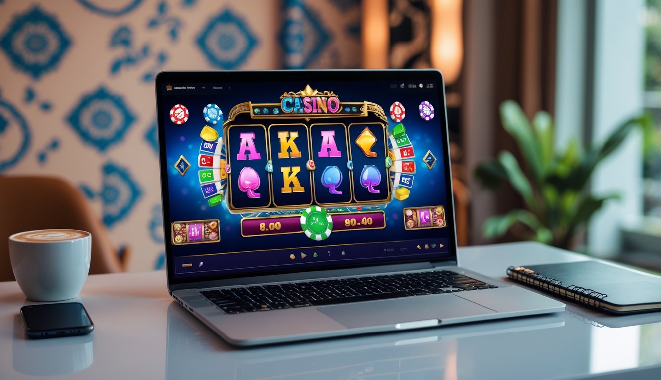 Seseorang menggunakan komputer dengan tampilan permainan kasino online yang berwarna-warni di layar, dengan elemen dekorasi batik di latar belakang.