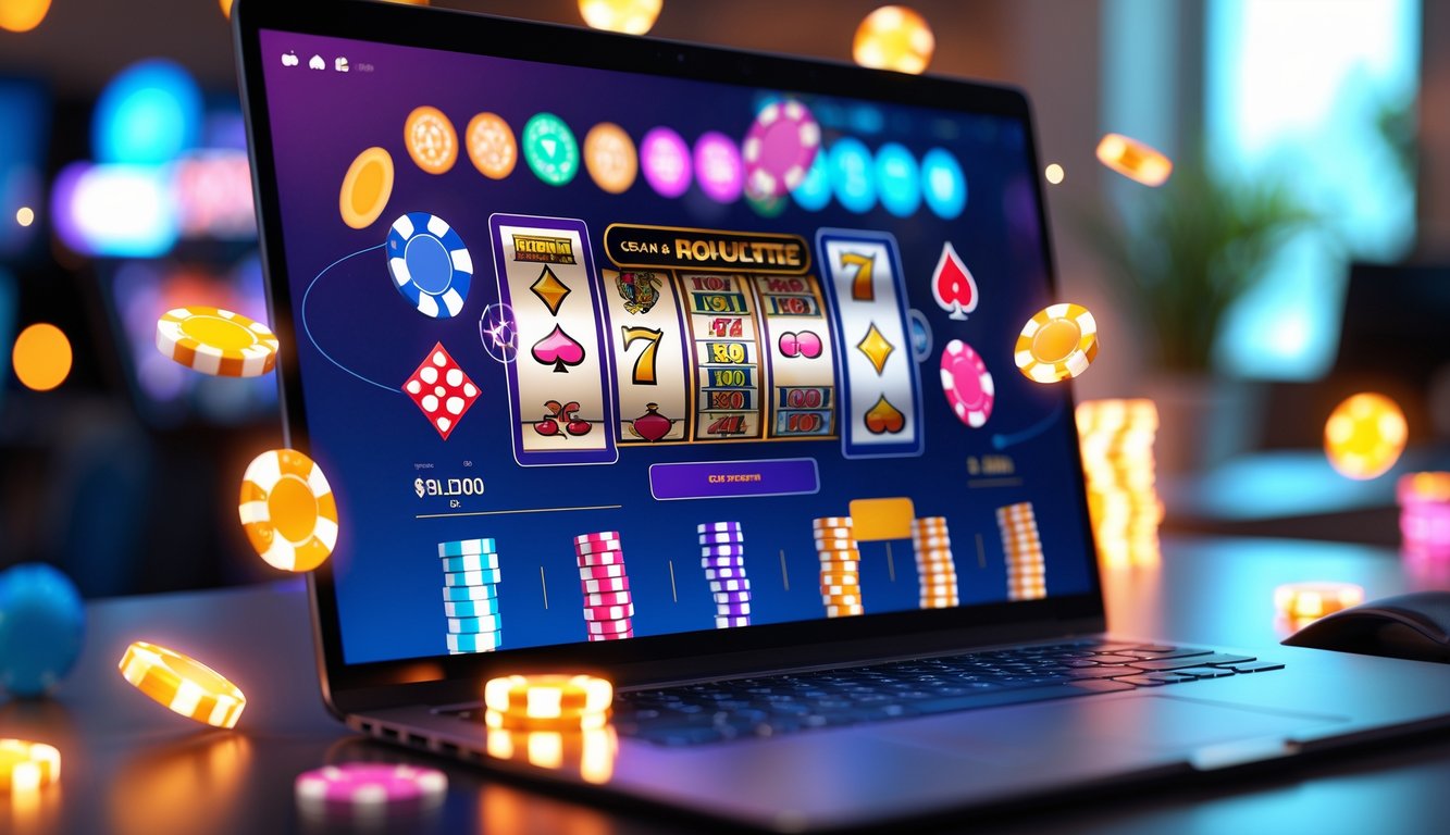 Layar komputer menampilkan berbagai permainan kasino online dengan kartu, chip, dan roda roulette di sekitarnya.