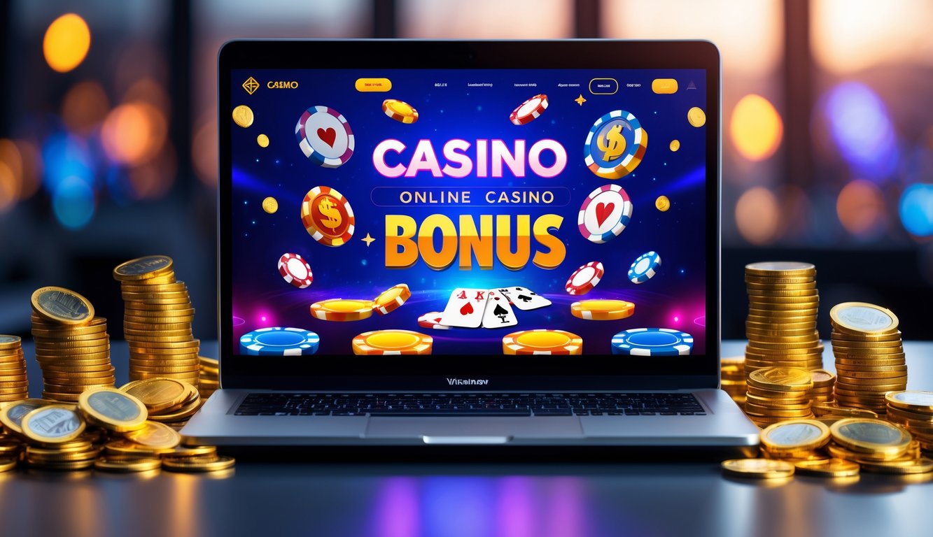 Laptop di atas meja dengan tampilan permainan kasino online dan tumpukan koin emas serta chip kasino di sekitarnya.