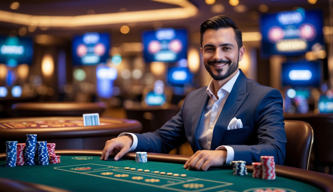 Seorang dealer kasino online yang ramah duduk di meja kasino dengan kartu dan chip poker, di latar belakang suasana kasino mewah.