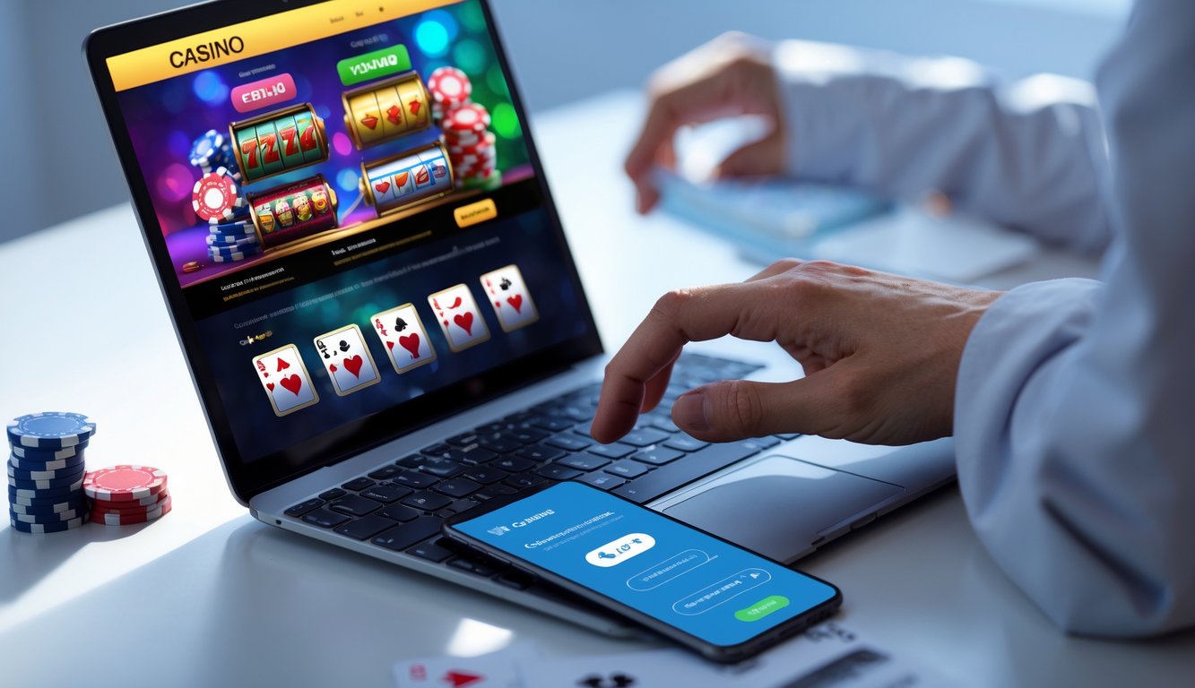Seorang pengguna sedang melakukan deposit cepat di kasino online menggunakan laptop dan smartphone di atas meja dengan chip poker dan kartu remi.