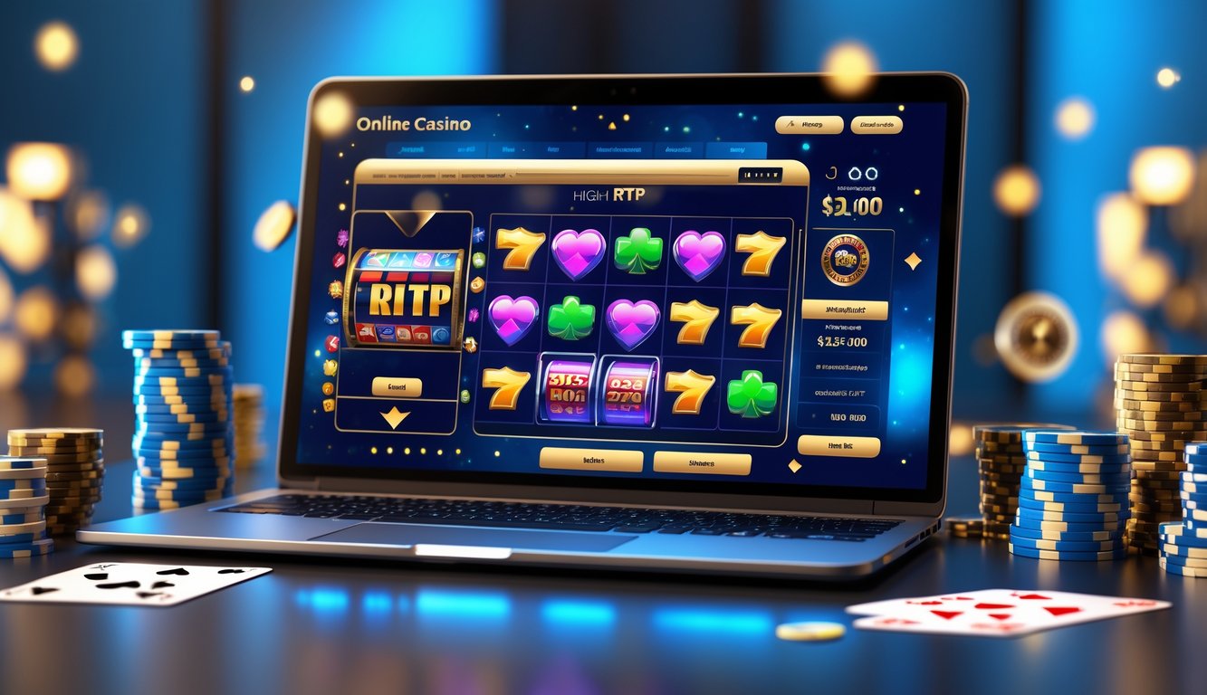 Seorang pengguna sedang bermain permainan kasino online di laptop dengan chip poker dan kartu bermain di sekitar meja.