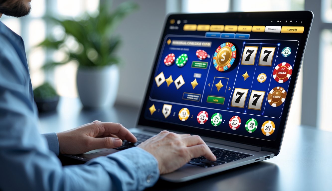 Seseorang menggunakan komputer dengan tampilan kasino online yang aman dan adil di layar.