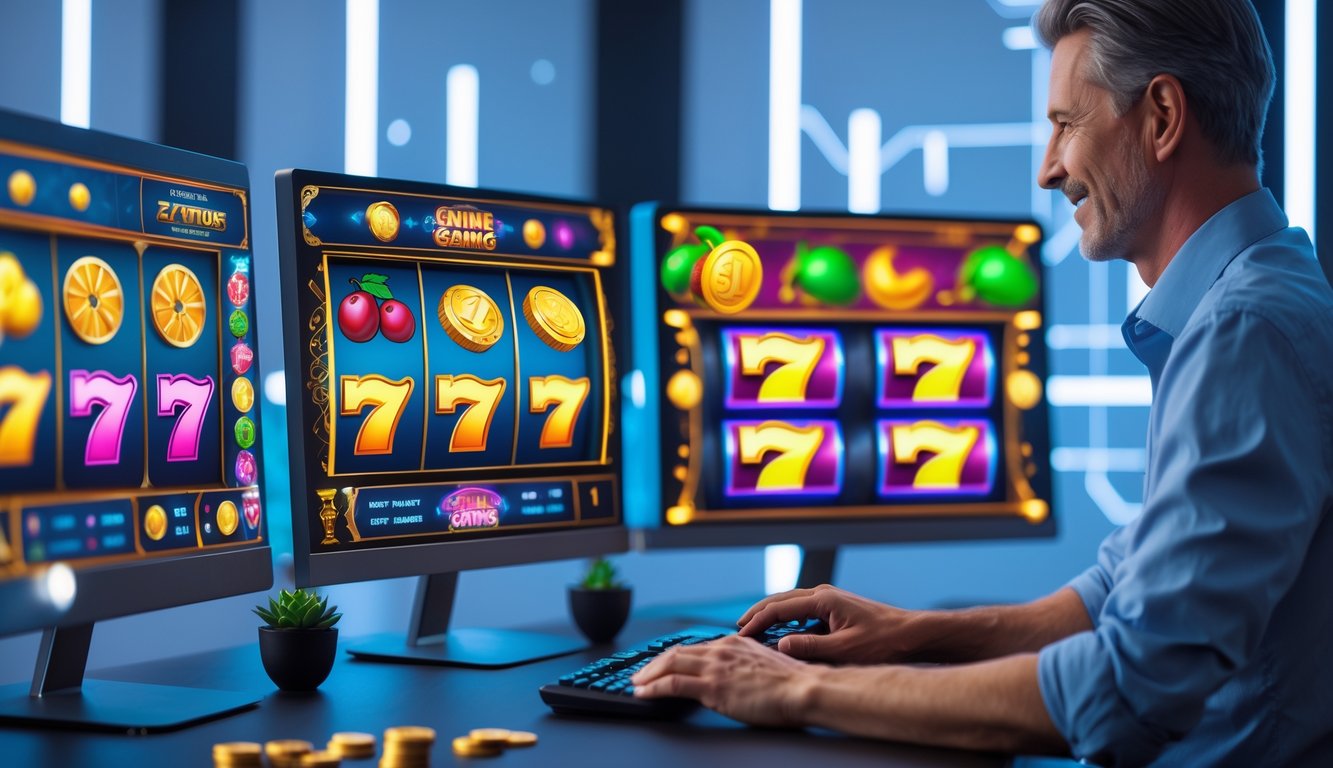 Seorang dewasa sedang menggunakan komputer dengan layar menampilkan permainan slot online yang berwarna-warni dan menarik.