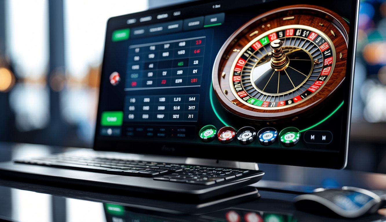Tampilan layar komputer modern menampilkan permainan roulette online dengan roda roulette berwarna merah, hitam, dan hijau yang sedang berputar serta meja taruhan digital.