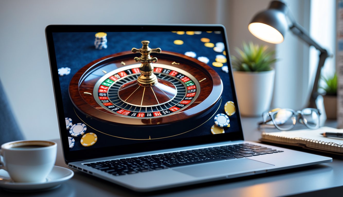 Seorang pengguna sedang bermain roulette online di komputer di lingkungan rumah yang rapi dan terang.
