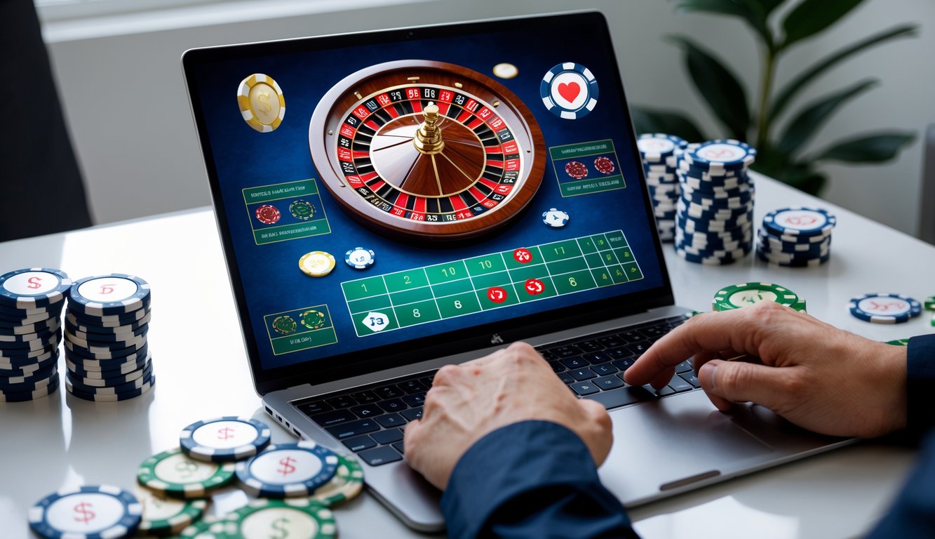 Seseorang menggunakan komputer untuk bermain roulette online dengan uang asli di meja yang rapi.