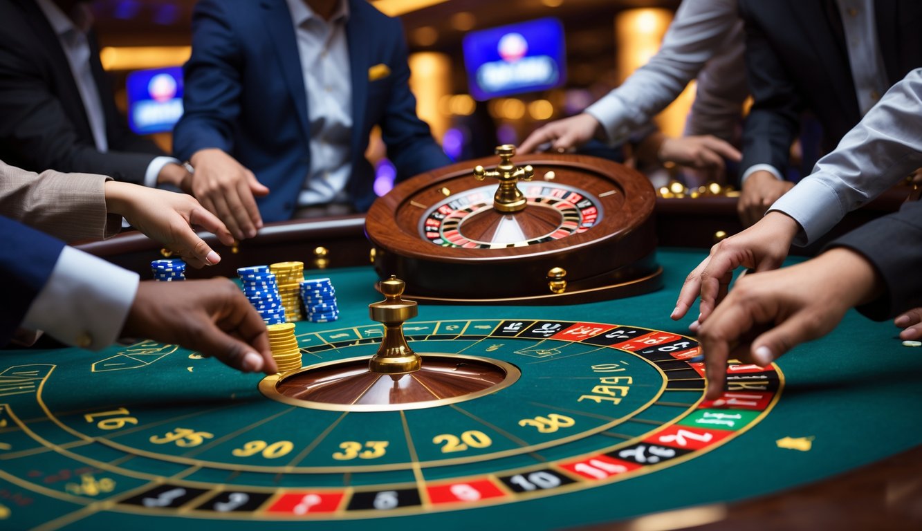 Meja roulette kasino online dengan pemain yang sedang memasang taruhan dan roda roulette yang berputar.