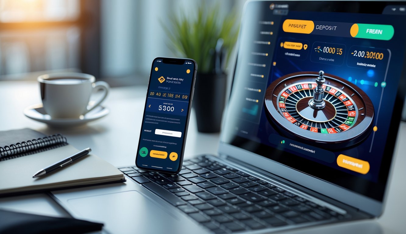 Seseorang menggunakan laptop dan ponsel untuk bermain roulette online dengan proses deposit cepat di ruang kerja yang rapi.