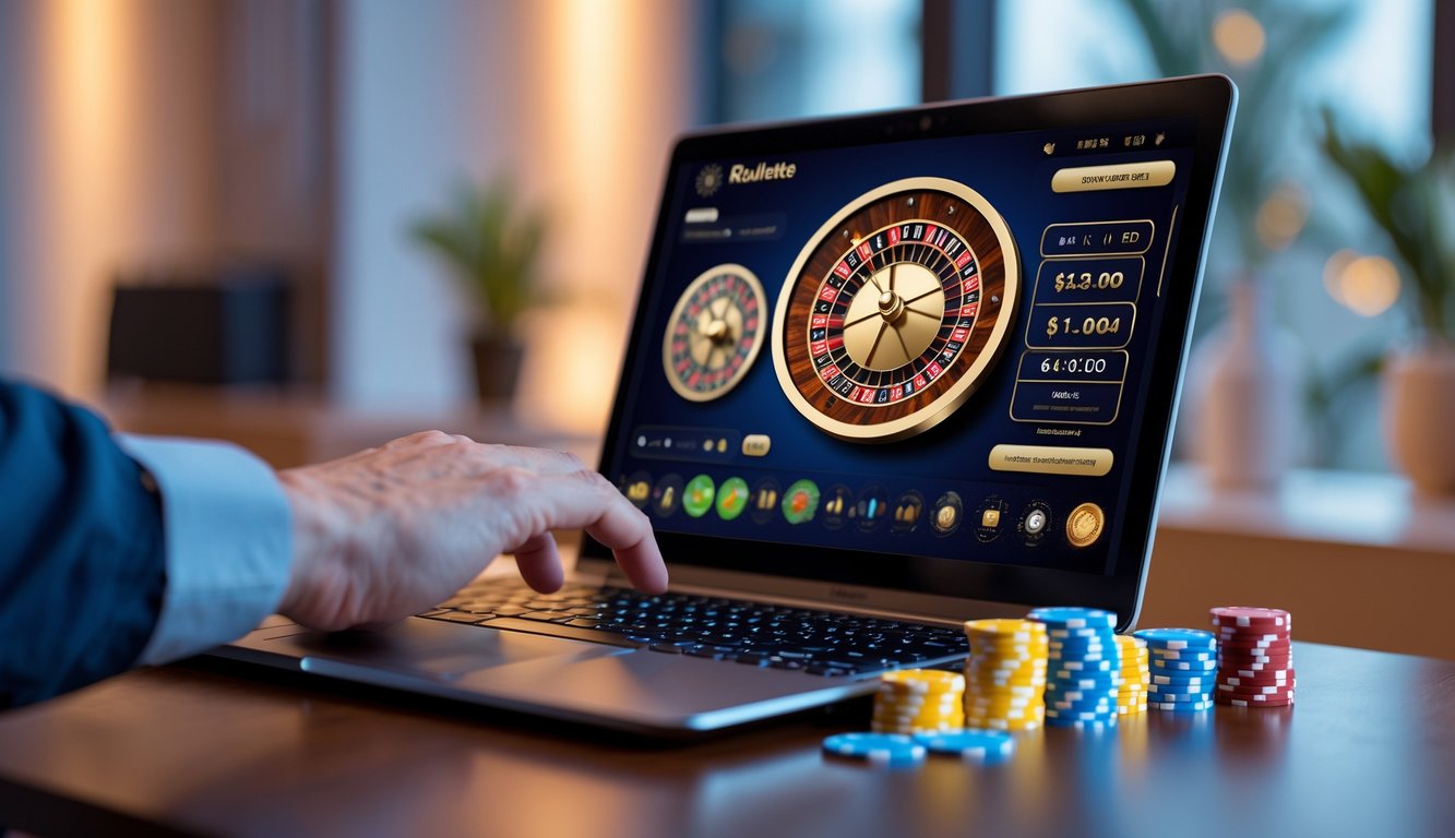Seseorang sedang bermain roulette online di laptop dengan chip warna-warni di meja.