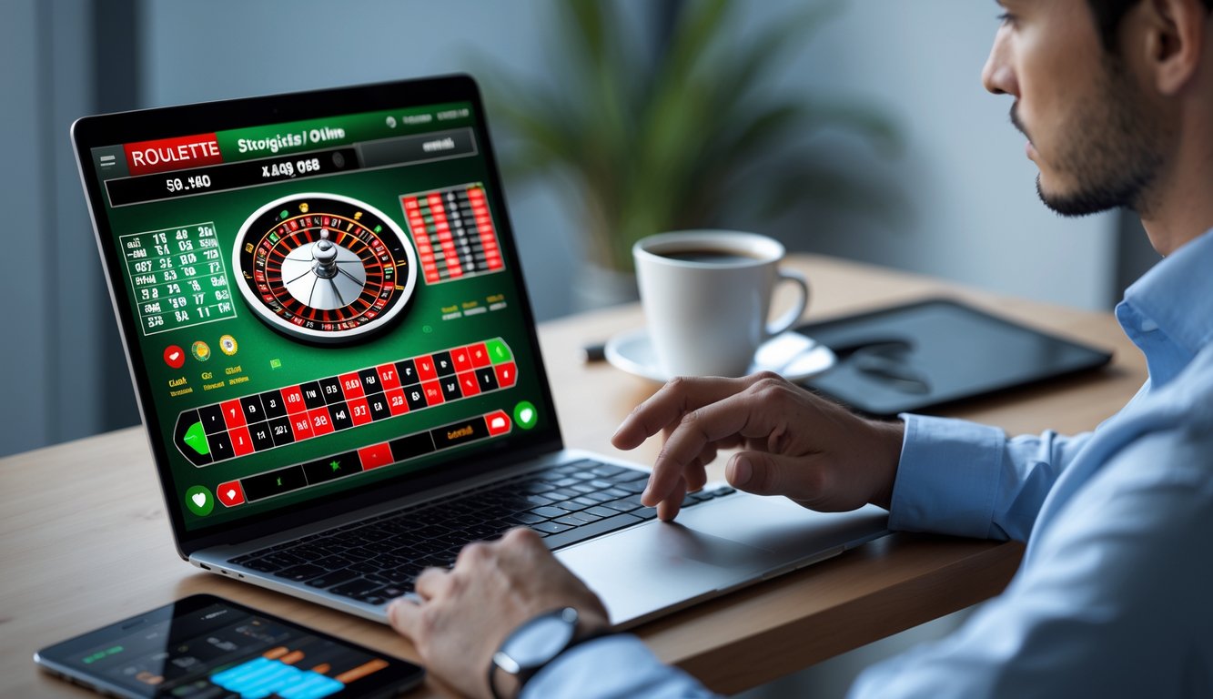 Seseorang sedang fokus menganalisis strategi bermain roulette online di depan laptop dengan meja kerja yang rapi.