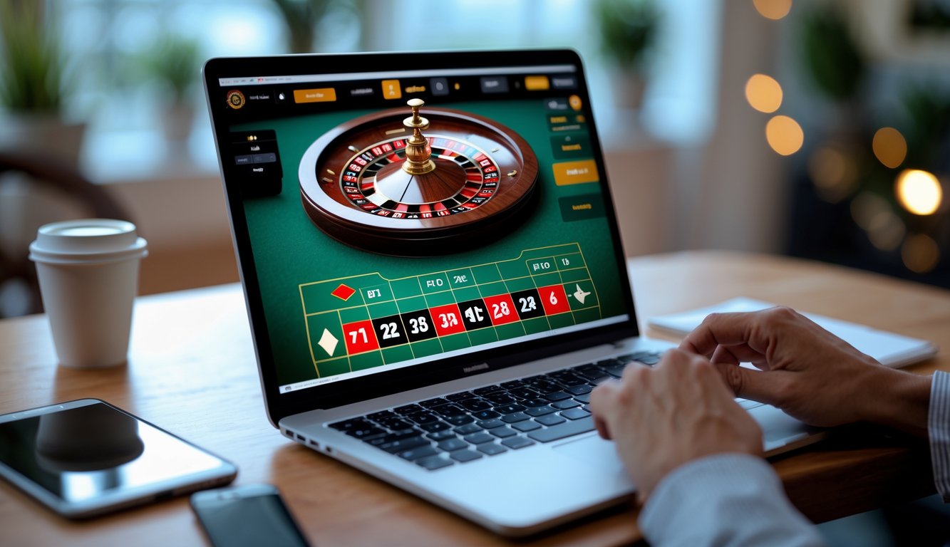 Seorang pengguna bermain roulette online di laptop yang diletakkan di atas meja kayu dengan suasana ruangan yang nyaman.
