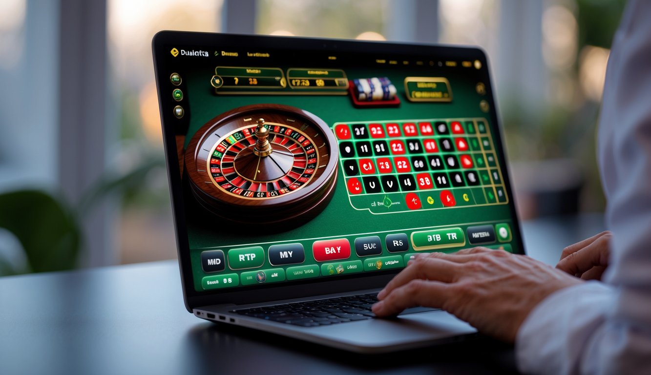 Sebuah laptop menampilkan permainan roulette online dengan roda roulette berwarna merah, hitam, dan hijau serta meja taruhan, di atas meja modern dengan pencahayaan lembut.