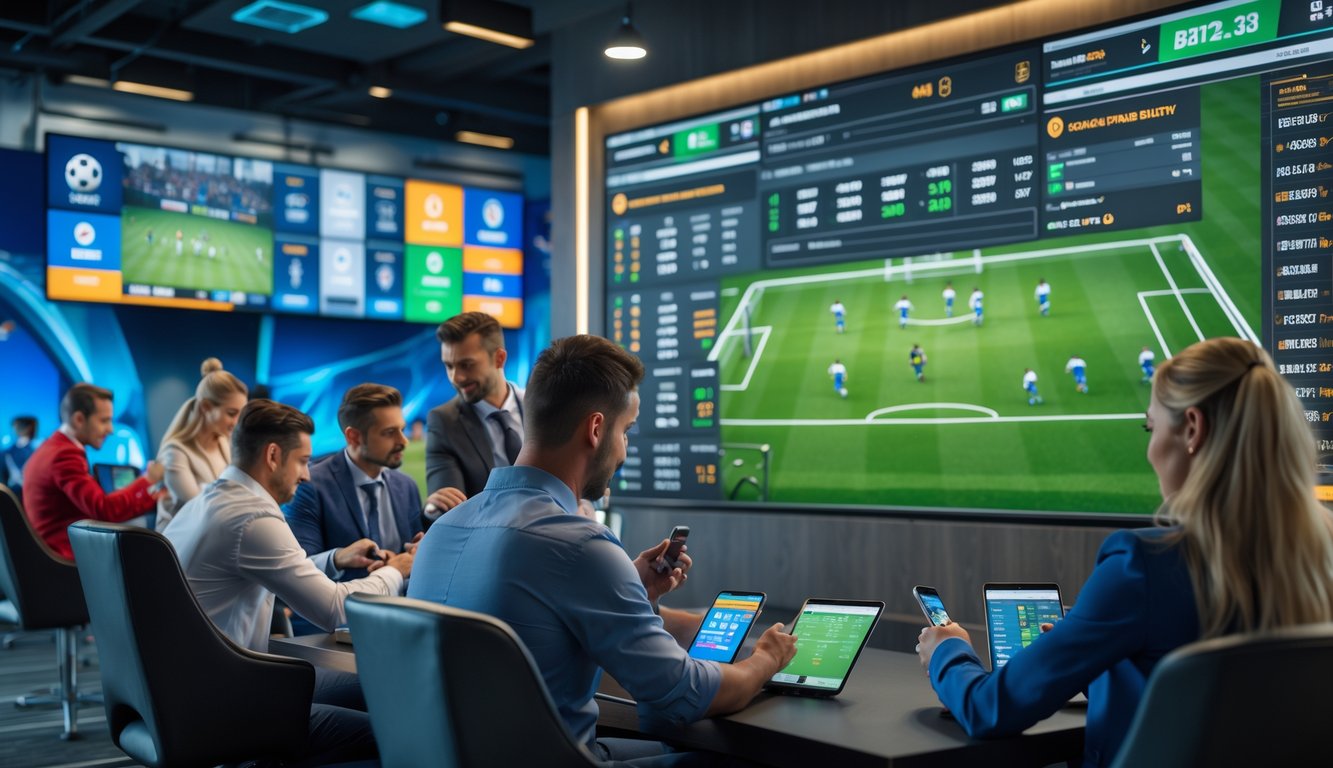 Beberapa orang sedang memasang taruhan pada pertandingan sepak bola di ruang taruhan olahraga modern dengan layar digital besar menampilkan statistik dan skor pertandingan.