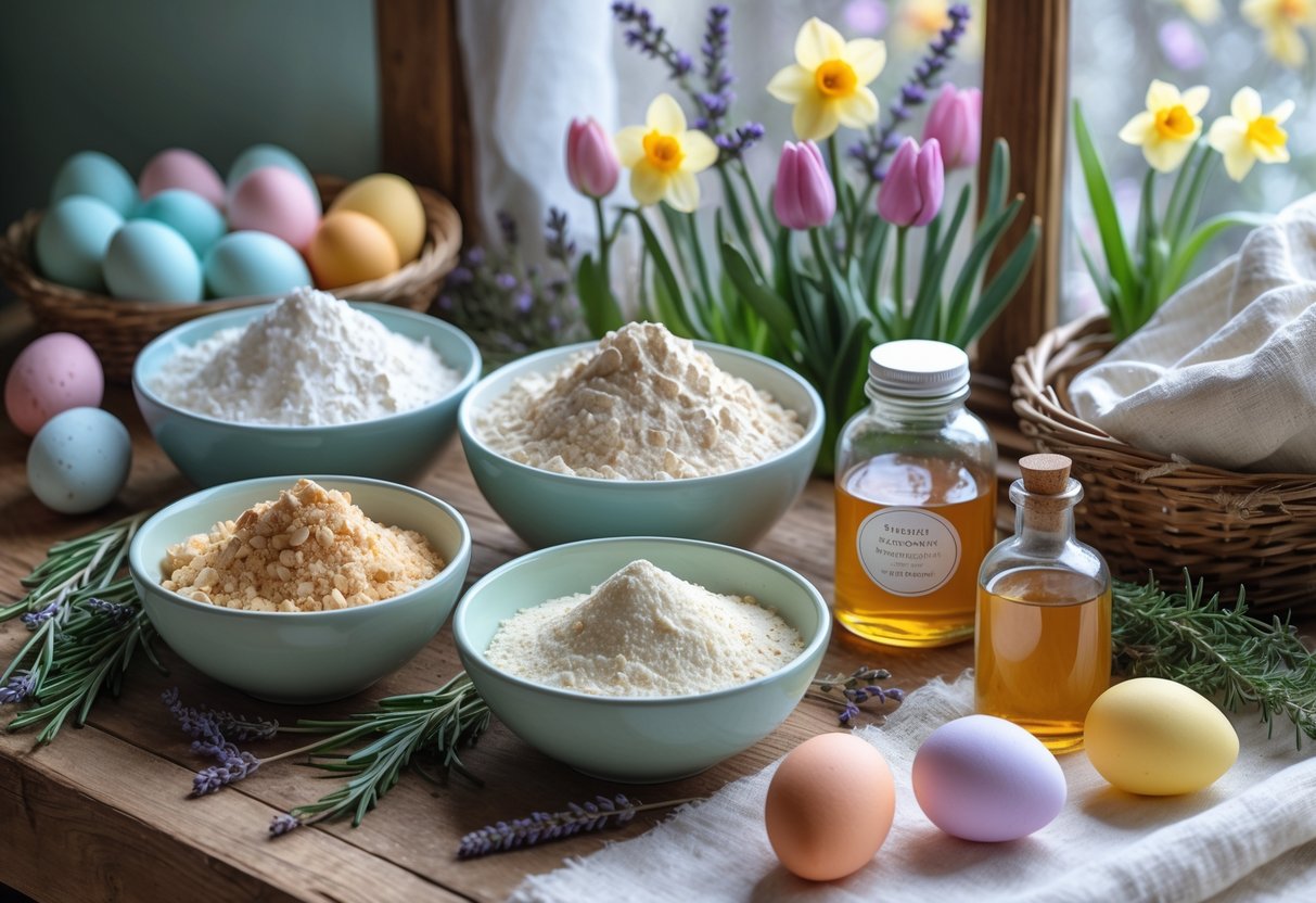 A rustic kitchen table with bowls of gluten-free baking ingredients, fresh eggs, honey, vanilla, pastel Easter eggs, and spring flowers arranged for Easter baking.