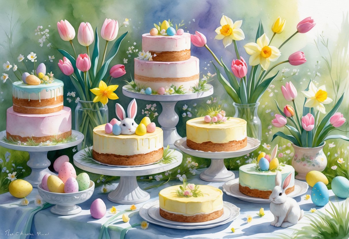 A table set with various decorated Easter cakes and desserts surrounded by spring flowers and Easter decorations.