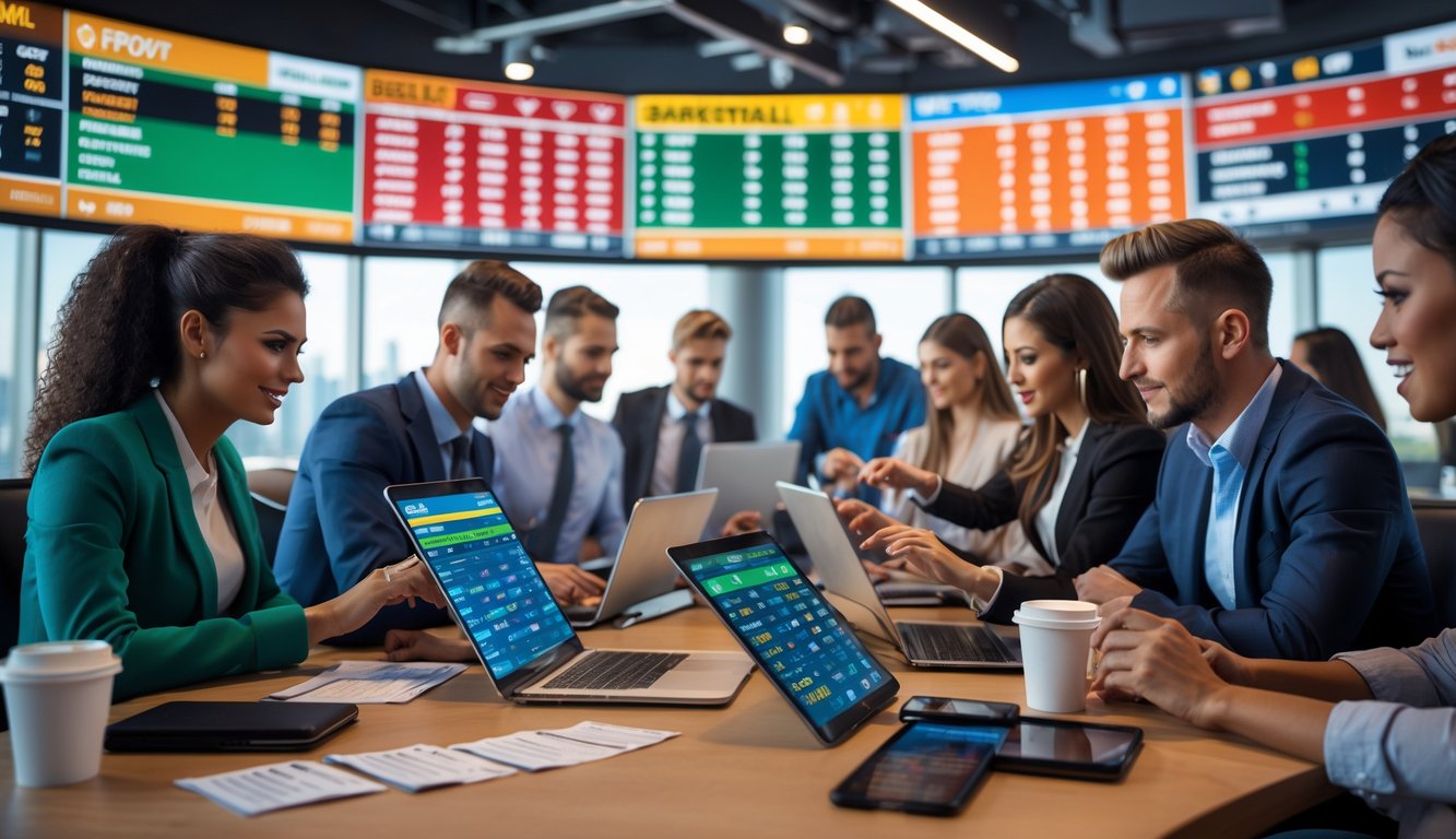 Orang-orang di ruang taruhan olahraga menggunakan perangkat digital untuk memasang taruhan sambil melihat layar besar dengan skor dan peluang pertandingan.